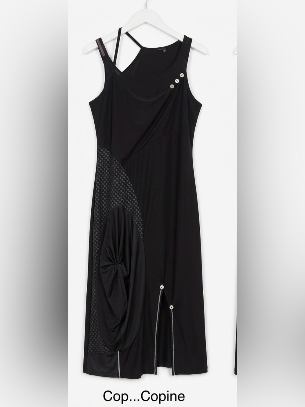 Cop.Copine Black Asymmetric Midi Dress with Draped Knot